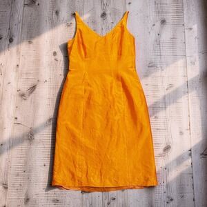 Vintage Ann Taylor Dress Size 6 Orange 100% Silk Sleeveless V-Neck Midi Sheath
